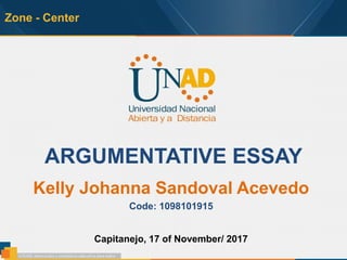 Zone - Center
ARGUMENTATIVE ESSAY
Kelly Johanna Sandoval Acevedo
Code: 1098101915
Capitanejo, 17 of November/ 2017
 