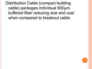 Distribution Cable (compact building
cable) packages individual 900µm
buffered fiber reducing size and cost
when compared to breakout cable.

 
