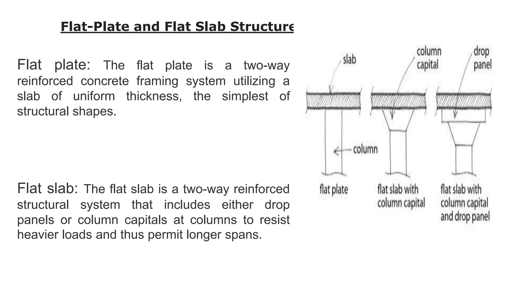 Flat plate: The flat plate is a two-way
reinforced concrete framing system utilizing a
slab of uniform thickness, the simplest of
structural shapes.
Flat slab: The flat slab is a two-way reinforced
structural system that includes either drop
panels or column capitals at columns to resist
heavier loads and thus permit longer spans.
Flat-Plate and Flat Slab Structure
 