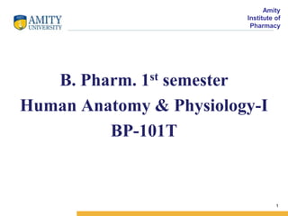 Amity
Institute of
Pharmacy
1
B. Pharm. 1st semester
Human Anatomy & Physiology-I
BP-101T
 