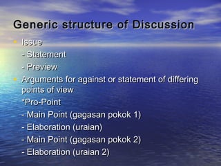 Generic structure of Discussion
• Issue
    - Statement
    - Preview
•   Arguments for against or statement of differing
    points of view
    *Pro-Point
    - Main Point (gagasan pokok 1)
    - Elaboration (uraian)
    - Main Point (gagasan pokok 2)
    - Elaboration (uraian 2)
 