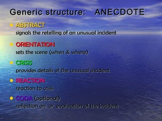 Generic structure:                  ANECDOTE
• ABSTRACT
  signals the retelling of an unusual incident

• ORIENTATION
  sets the scene (when & where)
• CRISIS
  provides details of the unusual incident
• REACTION
  reaction to crisis
• CODA (optional)
  reflection on or evaluation of the incident
 