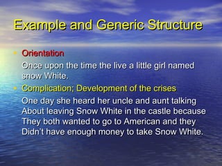 Example and Generic Structure

• Orientation
    Once upon the time the live a little girl named
    snow White.
•   Complication; Development of the crises
    One day she heard her uncle and aunt talking
    About leaving Snow White in the castle because
    They both wanted to go to American and they
    Didn’t have enough money to take Snow White.
 