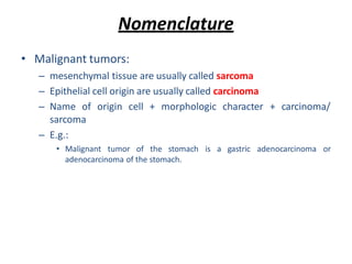 Nomenclature
• Malignant tumors:
– mesenchymal tissue are usually called sarcoma
– Epithelial cell origin are usually called carcinoma
– Name of origin cell + morphologic character + carcinoma/
sarcoma
– E.g.:
• Malignant tumor of the stomach is a gastric adenocarcinoma or
adenocarcinoma of the stomach.
 
