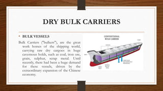 DRY BULK CARRIERS
• BULK VESSELS
Bulk Carriers ("bulkers"), are the great
work horses of the shipping world,
carrying raw dry cargoes in huge
cavernous holds, such as coal, iron ore,
grain, sulphur, scrap metal. Until
recently, there had been a huge demand
for these vessels, driven by the
extraordinary expansion of the Chinese
economy.
 