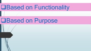 Based on Functionality
Based on Purpose
 
