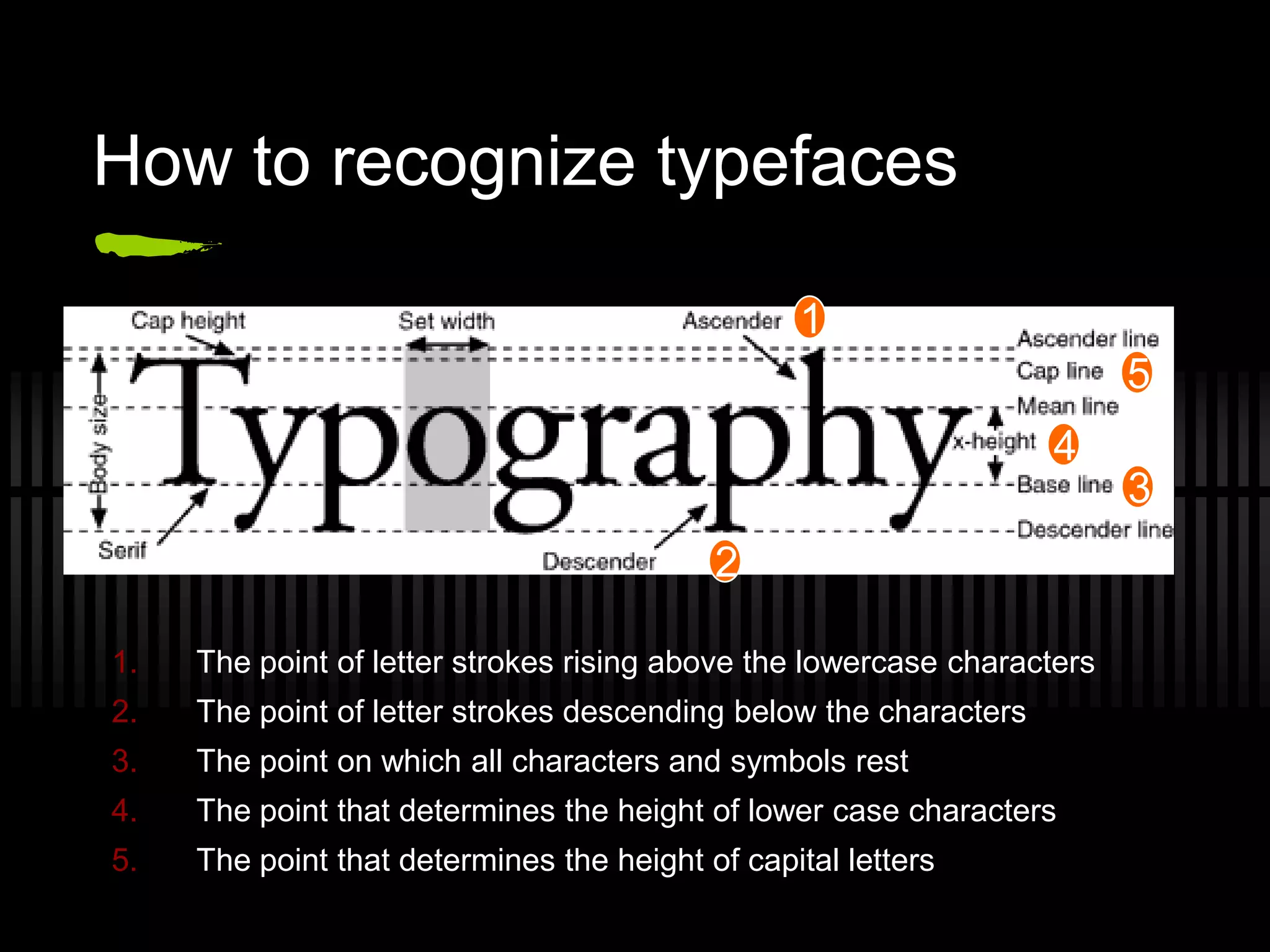 How to recognize typefaces

                                                 1
                                                                         5
                                                                   4
                                                                         3
                                           2

1.   The point of letter strokes rising above the lowercase characters
2.   The point of letter strokes descending below the characters
3.   The point on which all characters and symbols rest
4.   The point that determines the height of lower case characters
5.   The point that determines the height of capital letters
 