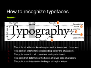 How to recognize typefaces

                                                 1
                                                                         5
                                                                   4
                                                                         3
                                           2

1.   The point of letter strokes rising above the lowercase characters
2.   The point of letter strokes descending below the characters
3.   The point on which all characters and symbols rest
4.   The point that determines the height of lower case characters
5.   The point that determines the height of capital letters
 