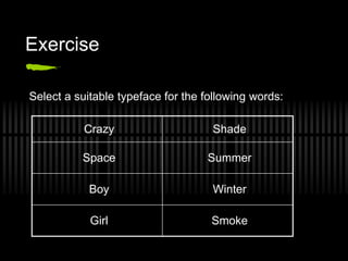 Exercise

Select a suitable typeface for the following words:

           Crazy                    Shade

          Space                    Summer

            Boy                     Winter

            Girl                    Smoke
 
