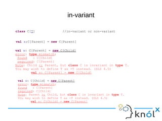 in-variant
class C[T] //in-variant or non-variant
val x:C[Parent] = new C[Parent]
val x: C[Parent] = new C[Child]
error: type mismatch;
found : C[Child]
required: C[Parent]
Note: Child <: Parent, but class C is invariant in type T.
You may wish to define T as +T instead. (SLS 4.5)
val x: C[Parent] = new C[Child]
val x: C[Child] = new C[Parent]
error: type mismatch;
found : C[Parent]
required: C[Child]
Note: Parent >: Child, but class C is invariant in type T.
You may wish to define T as -T instead. (SLS 4.5)
val x: C[Child] = new C[Parent]
 