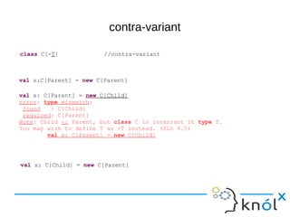 contra-variant
class C[-T] //contra-variant
val x:C[Parent] = new C[Parent]
val x: C[Parent] = new C[Child]
error: type mismatch;
found : C[Child]
required: C[Parent]
Note: Child <: Parent, but class C is invariant in type T.
You may wish to define T as +T instead. (SLS 4.5)
val x: C[Parent] = new C[Child]
val x: C[Child] = new C[Parent]
 