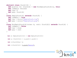 abstract class Stack[+A] {
def push(x: A): Stack[A] = new NonEmptyStack[A](x, this)
def isEmpty: Boolean
def top: A
def pop: Stack[A]
}
class EmptyStack[A] extends Stack[A] {
def isEmpty = true
def top = error("EmptyStack.top")
def pop = error("EmptyStack.pop")
}
class NonEmptyStack[A](elem: A, rest: Stack[A]) extends Stack[A] {
def isEmpty = false
def top = elem
def pop = rest
}
val x: EmptyStack[Int] = new EmptyStack[Int]
val y: Stack[Int] = x.push(1).push(2)
val z:Stack[Any] =y
val r:Stack[Int] =z.push("hello")
 