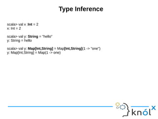 Type Inference
scala> val x :Int = 2
x: Int = 2
scala> val y: String = "hello"
y: String = hello
scala> val y: Map[Int,String] = Map[Int,String](1 -> "one")
y: Map[Int,String] = Map(1 -> one)
 