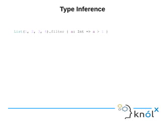 Type Inference
List(1, 2, 3, 4).filter { a: Int => a > 1 }
 