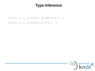 Type Inference
List(1, 2, 3, 4).filter { a: Int => a > 1 }
List(1, 2, 3, 4).filter { a => a > 1 }
 