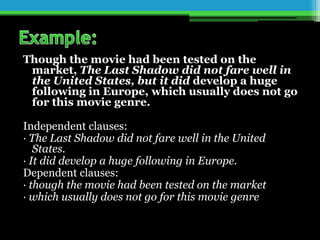 Though the movie had been tested on the
market, The Last Shadow did not fare well in
the United States, but it did develop a huge
following in Europe, which usually does not go
for this movie genre.
Independent clauses:
· The Last Shadow did not fare well in the United
States.
· It did develop a huge following in Europe.
Dependent clauses:
· though the movie had been tested on the market
· which usually does not go for this movie genre
 