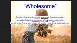 “Wholesome”
Behaviour: Alternative clothes, sing song melody, focus and in a rush t
How to Spot: Focused, encouraging on o...