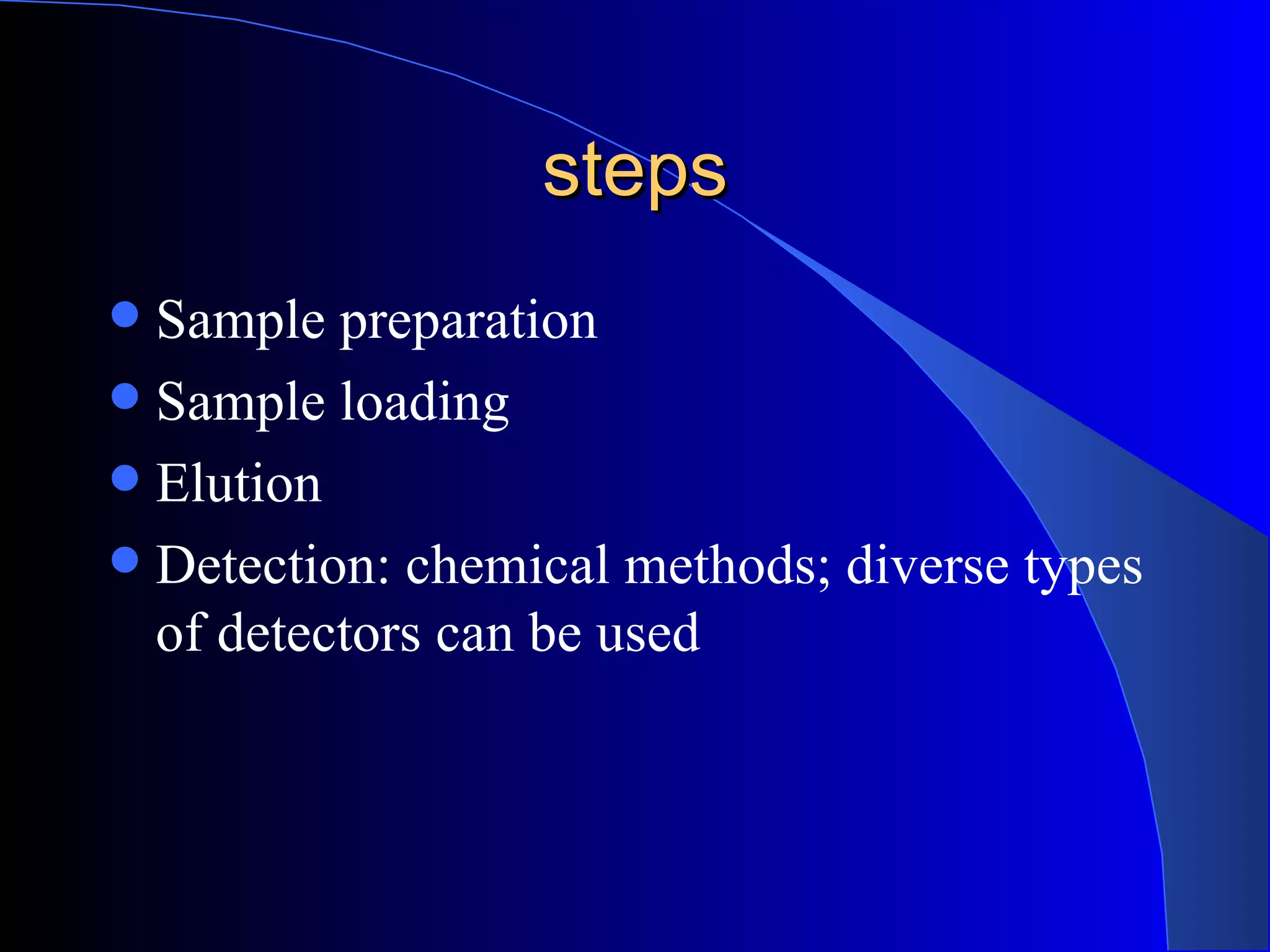 steps
 Sample preparation
 Sample loading
 Elution
 Detection: chemical methods; diverse types
  of detectors can be used
 