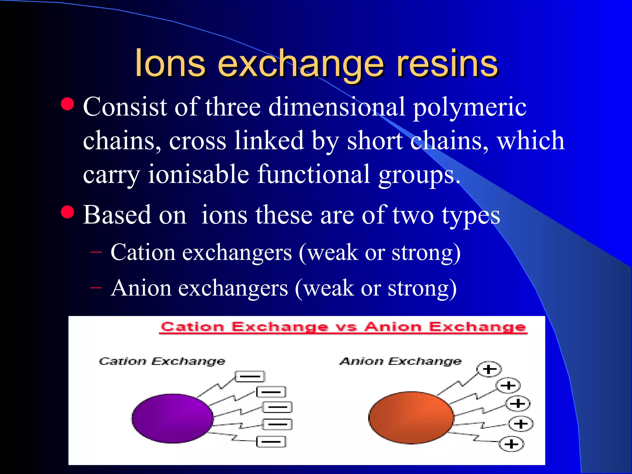 Ions exchange resins
 Consist of three dimensional polymeric
  chains, cross linked by short chains, which
  carry ionisable functional groups.
 Based on ions these are of two types
    – Cation exchangers (weak or strong)
    – Anion exchangers (weak or strong)
 