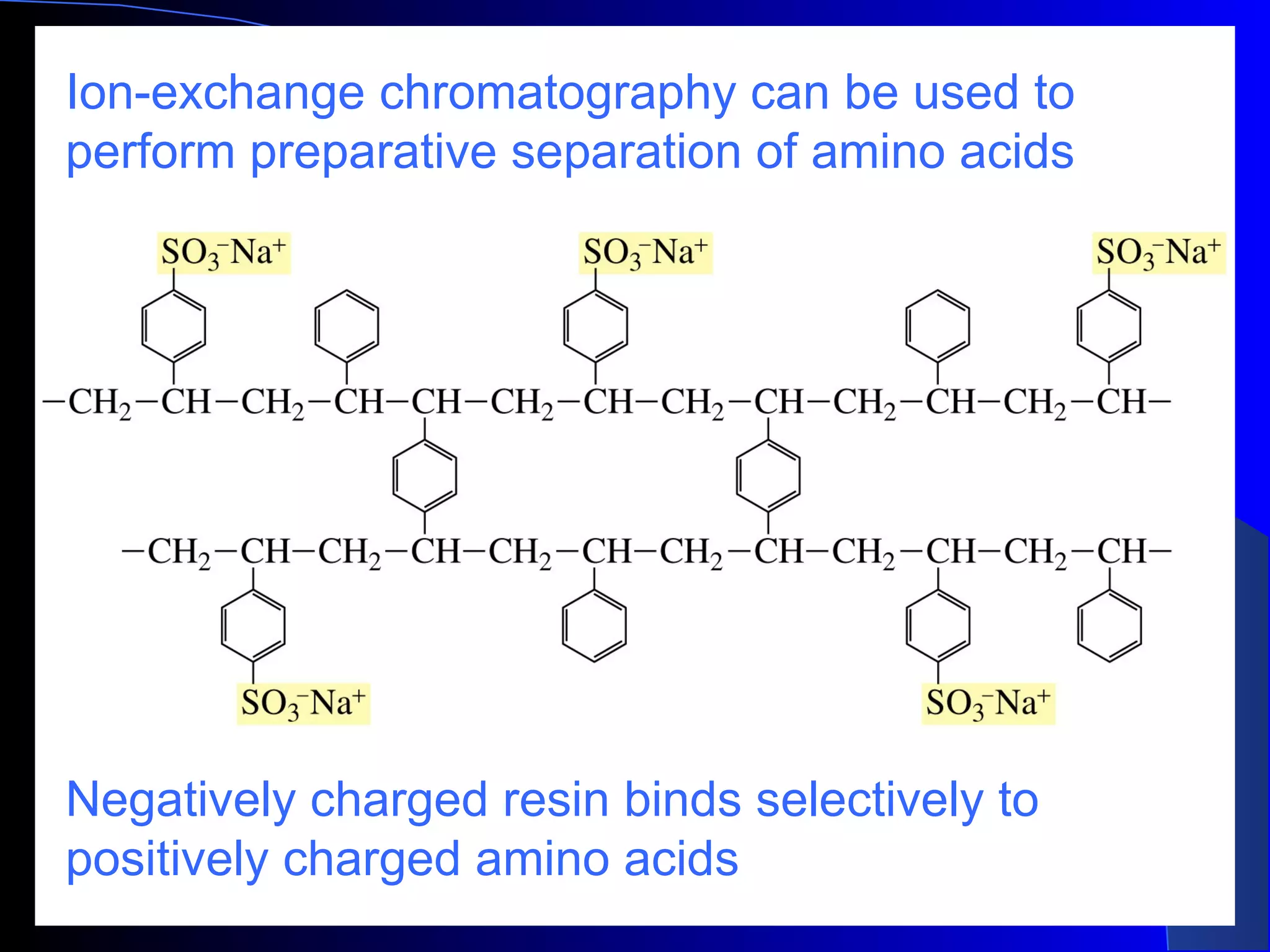 Ion-exchange chromatography can be used to
perform preparative separation of amino acids




Negatively charged resin binds selectively to
positively charged amino acids
 