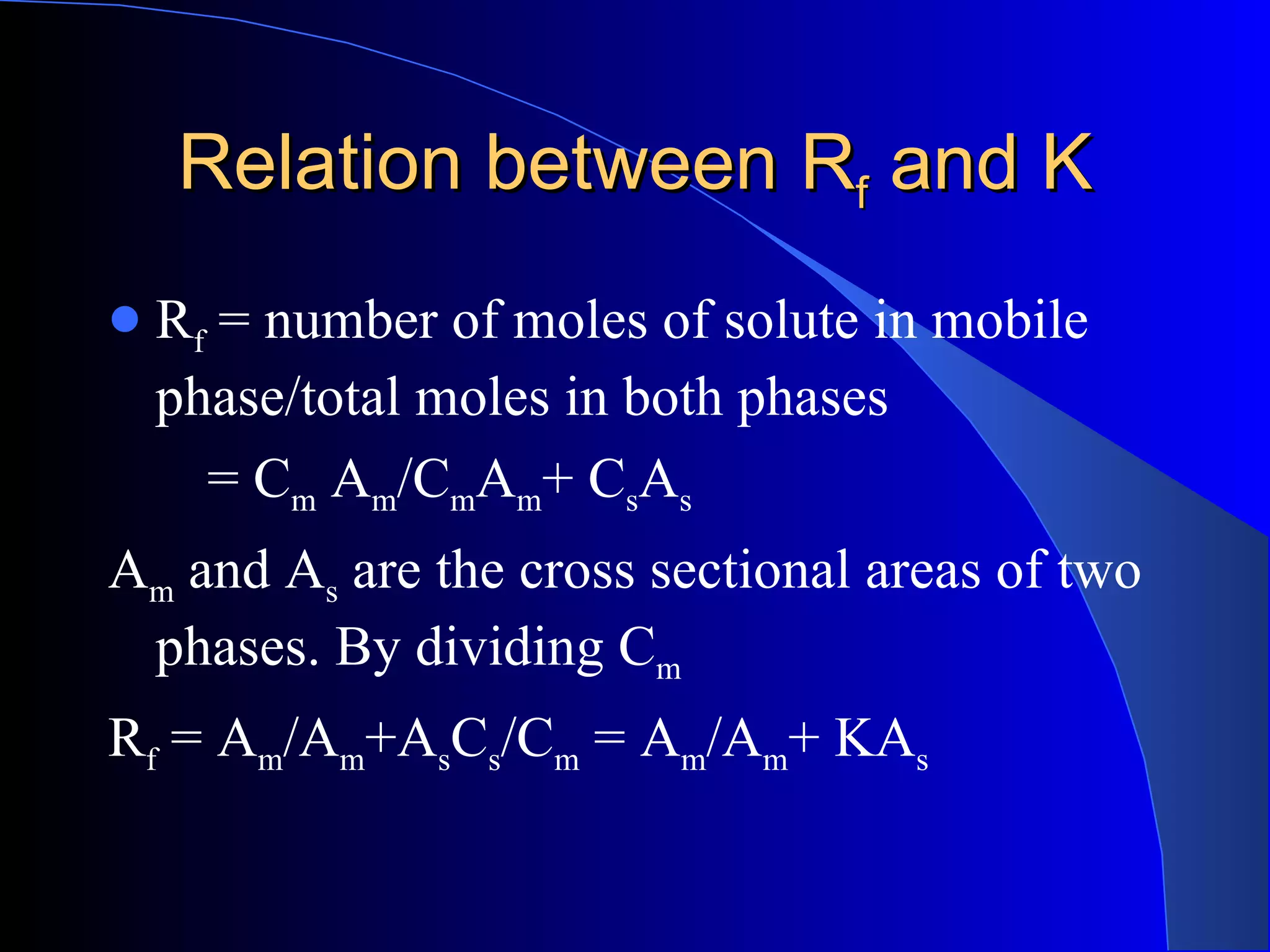 Relation between Rf and K
   Rf = number of moles of solute in mobile
    phase/total moles in both phases
      = Cm Am/CmAm+ CsAs
Am and As are the cross sectional areas of two
 phases. By dividing Cm
Rf = Am/Am+AsCs/Cm = Am/Am+ KAs
 