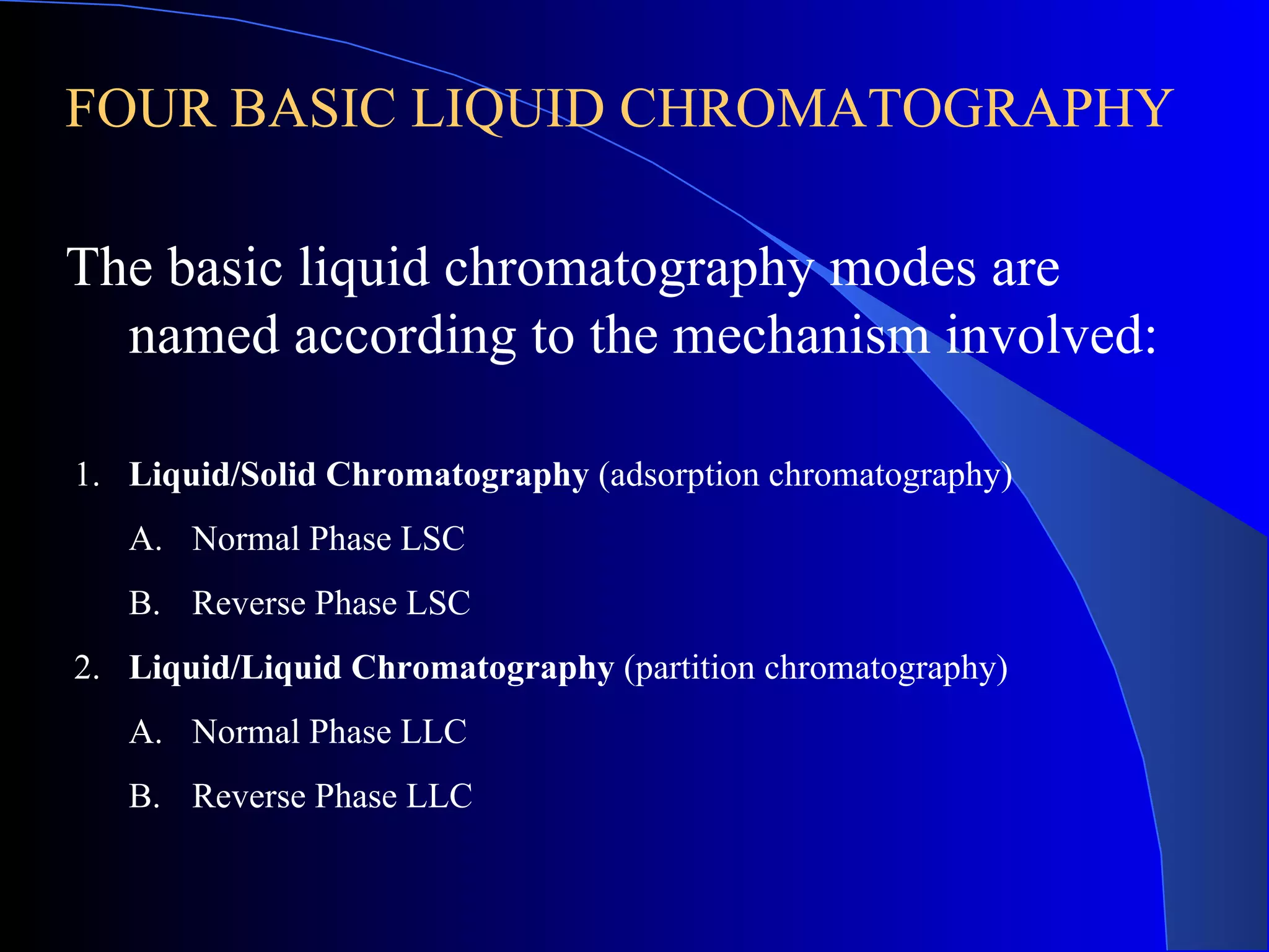 FOUR BASIC LIQUID CHROMATOGRAPHY

The basic liquid chromatography modes are
  named according to the mechanism involved:

1. Liquid/Solid Chromatography (adsorption chromatography)
   A. Normal Phase LSC
   B. Reverse Phase LSC
2. Liquid/Liquid Chromatography (partition chromatography)
   A. Normal Phase LLC
   B. Reverse Phase LLC
 