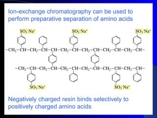 Ion-exchange chromatography can be used to
perform preparative separation of amino acids




Negatively charged resin binds selectively to
positively charged amino acids
 