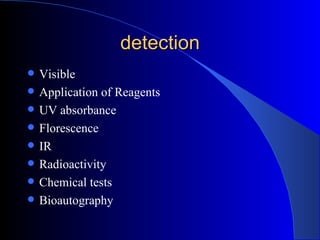 detection
   Visible
   Application of Reagents
   UV absorbance
   Florescence
   IR
   Radioactivity
   Chemical tests
   Bioautography
 
