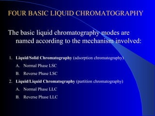 FOUR BASIC LIQUID CHROMATOGRAPHY

The basic liquid chromatography modes are
  named according to the mechanism involved:

1. Liquid/Solid Chromatography (adsorption chromatography)
   A. Normal Phase LSC
   B. Reverse Phase LSC
2. Liquid/Liquid Chromatography (partition chromatography)
   A. Normal Phase LLC
   B. Reverse Phase LLC
 