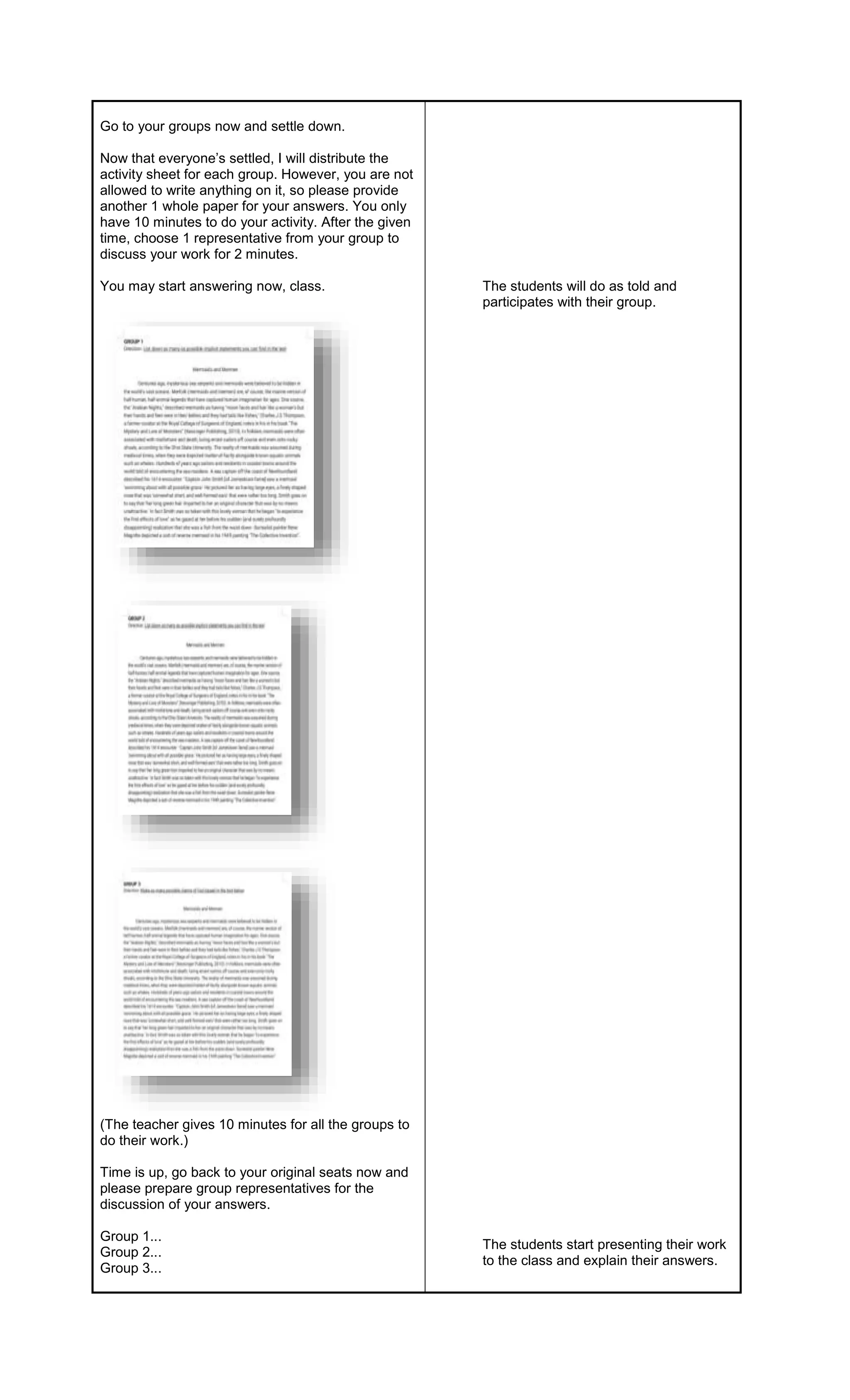 Go to your groups now and settle down.
Now that everyone’s settled, I will distribute the
activity sheet for each group. However, you are not
allowed to write anything on it, so please provide
another 1 whole paper for your answers. You only
have 10 minutes to do your activity. After the given
time, choose 1 representative from your group to
discuss your work for 2 minutes.
You may start answering now, class.
(The teacher gives 10 minutes for all the groups to
do their work.)
Time is up, go back to your original seats now and
please prepare group representatives for the
discussion of your answers.
Group 1...
Group 2...
Group 3...
The students will do as told and
participates with their group.
The students start presenting their work
to the class and explain their answers.
 