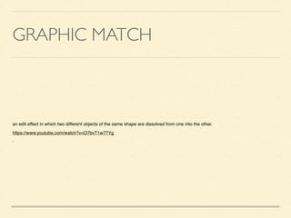 GRAPHIC MATCH
an edit effect in which two different objects of the same shape are dissolved from one into the other.!
https://www.youtube.com/watch?v=O7bvT1w77Yg 	

 