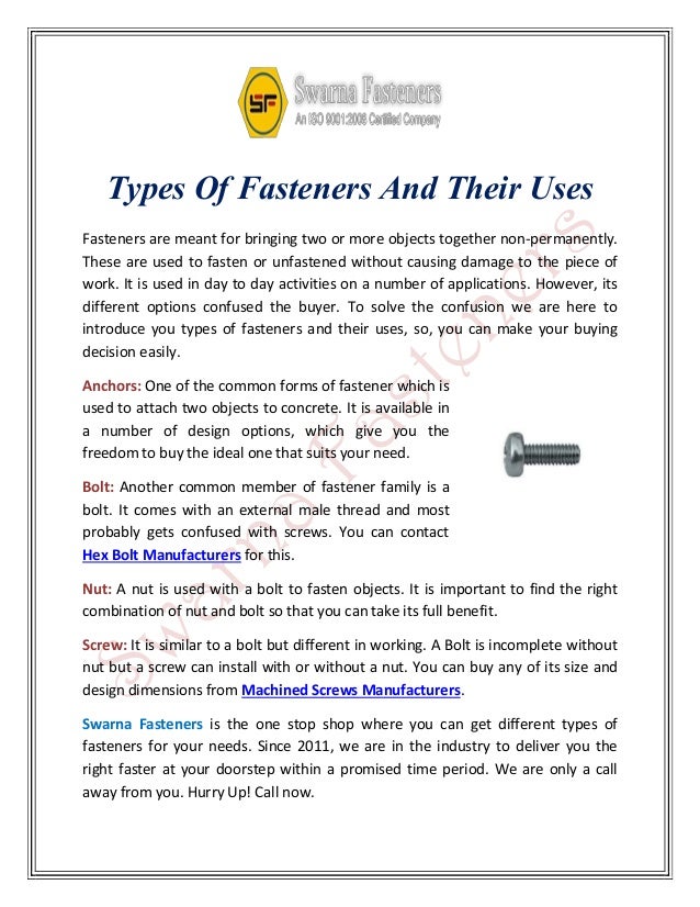 Types Of Fasteners And Their Uses