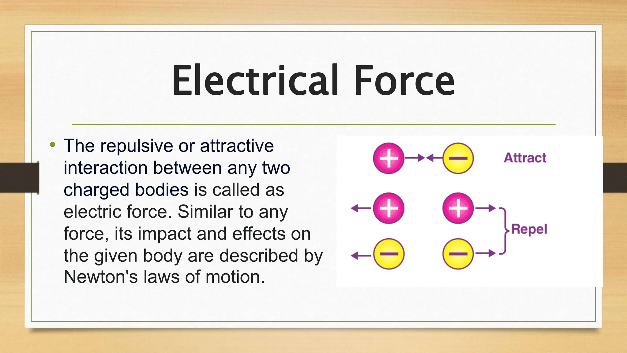 Electrical Force
• The repulsive or attractive
interaction between any two
charged bodies is called as
electric force. Similar to any
force, its impact and effects on
the given body are described by
Newton's laws of motion.
 