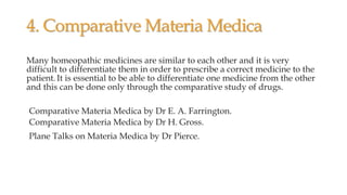 4. Comparative Materia Medica
Many homeopathic medicines are similar to each other and it is very
difficult to differentiate them in order to prescribe a correct medicine to the
patient. It is essential to be able to differentiate one medicine from the other
and this can be done only through the comparative study of drugs.
Comparative Materia Medica by Dr E. A. Farrington.
Comparative Materia Medica by Dr H. Gross.
Plane Talks on Materia Medica by Dr Pierce.
 