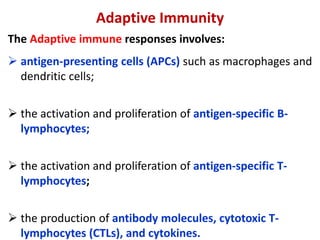 The Adaptive immune responses involves:
 antigen-presenting cells (APCs) such as macrophages and
dendritic cells;
 the activation and proliferation of antigen-specific B-
lymphocytes;
 the activation and proliferation of antigen-specific T-
lymphocytes;
 the production of antibody molecules, cytotoxic T-
lymphocytes (CTLs), and cytokines.
Adaptive Immunity
 