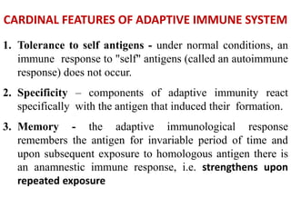 CARDINAL FEATURES OF ADAPTIVE IMMUNE SYSTEM
1. Tolerance to self antigens - under normal conditions, an
immune response to "self" antigens (called an autoimmune
response) does not occur.
2. Specificity – components of adaptive immunity react
specifically with the antigen that induced their formation.
3. Memory - the adaptive immunological response
remembers the antigen for invariable period of time and
upon subsequent exposure to homologous antigen there is
an anamnestic immune response, i.e. strengthens upon
repeated exposure
 