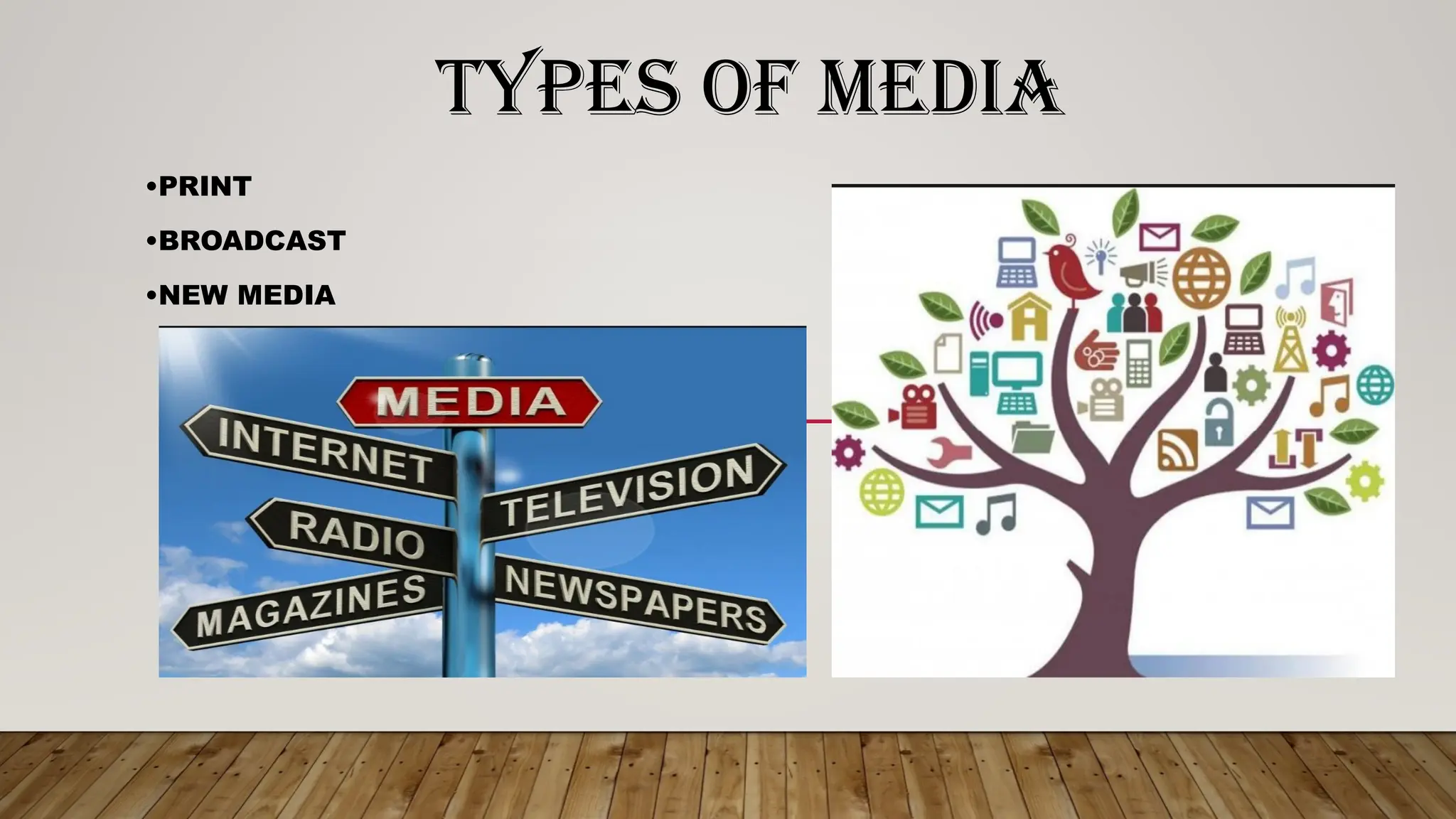 TYPES OF MEDIA
•PRINT
•BROADCAST
•NEW MEDIA
 
