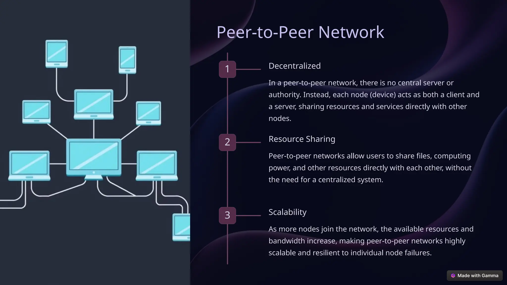 Peer-to-Peer Network
1 Decentralized
In a peer-to-peer network, there is no central server or
authority. Instead, each node (device) acts as both a client and
a server, sharing resources and services directly with other
nodes.
2 Resource Sharing
Peer-to-peer networks allow users to share files, computing
power, and other resources directly with each other, without
the need for a centralized system.
3 Scalability
As more nodes join the network, the available resources and
bandwidth increase, making peer-to-peer networks highly
scalable and resilient to individual node failures.
 