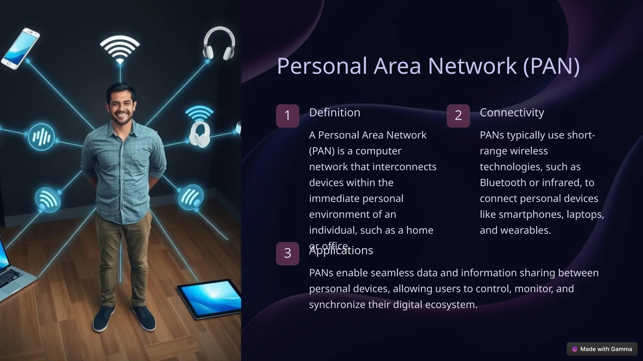 Personal Area Network (PAN)
1 Definition
A Personal Area Network
(PAN) is a computer
network that interconnects
devices within the
immediate personal
environment of an
individual, such as a home
or office.
2 Connectivity
PANs typically use short-
range wireless
technologies, such as
Bluetooth or infrared, to
connect personal devices
like smartphones, laptops,
and wearables.
3 Applications
PANs enable seamless data and information sharing between
personal devices, allowing users to control, monitor, and
synchronize their digital ecosystem.
 