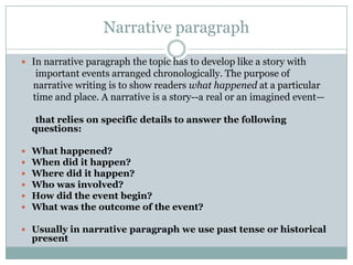Narrative paragraph
 In narrative paragraph the topic has to develop like a story with

important events arranged chronologically. The purpose of
narrative writing is to show readers what happened at a particular
time and place. A narrative is a story--a real or an imagined event—
that relies on specific details to answer the following
questions:







What happened?
When did it happen?
Where did it happen?
Who was involved?
How did the event begin?
What was the outcome of the event?

 Usually in narrative paragraph we use past tense or historical

present

 