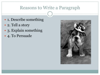 Reasons to Write a Paragraph
 1. Describe something
 2. Tell a story
 3. Explain something
 4. To Persuade

 