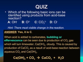 QUIZ Which of the following basic ions can be identified using products from acid-base reaction? A : OH -   B : O 2-   C : CO 3 2-   D : Cl - ANSWER :  Yes, it is C .  When acid is added to carbonates,  bubbling or effervescence  can be seen due to production of CO 2  gas which will turn limewater, Ca(OH) 2 , cloudy. This is caused by production of CaCO 3  as a result of acid-base reaction between aqueous CO 2  and Ca(OH) 2 . Ca(OH) 2  + CO 2      CaCO 3   +  H 2 O Hint: There must visible change in the reaction. 