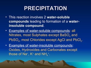 PRECIPITATION This reaction involves 2  water-soluble compounds  leading to formation of a  water-insoluble compound .  Examples of water-soluble compounds : all Nitrates, most Sulphates except BaSO 4  and PbSO 4 , most Chlorides except AgCl and PbCl 2 . Examples of water-insoluble compounds :  Oxides, Hydroxides and Carbonates except those of Na + , K +  and NH 4 + . 