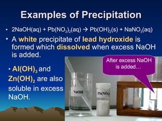 Examples of Precipitation ,[object Object],[object Object],[object Object],After excess NaOH is added…   