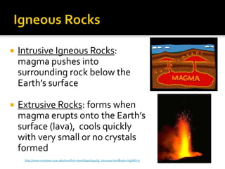  Intrusive Igneous Rocks:
magma pushes into
surrounding rock below the
Earth’s surface
 Extrusive Rocks: forms when
magma erupts onto the Earth’s
surface (lava), cools quickly
with very small or no crystals
formed
http://www.windows.ucar.edu/tour/link=/earth/geology/ig_intrusive.html&edu=high&fr=t
 