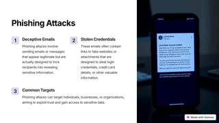 PhishingAttacks
1 DeceptiveEmails
Phishing attacks involve
sending emails or messages
that appear legitimate but are
actually designed to trick
recipients into revealing
sensitive information.
2 StolenCredentials
These emails often contain
links to fake websites or
attachments that are
designed to steal login
credentials, credit card
details, or other valuable
information.
3 CommonTargets
Phishing attacks can target individuals, businesses, or organizations,
aiming to exploit trust and gain access to sensitive data.
 