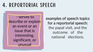 examples of speech topics
for a reportorial speech:
the papal visit, and the
outcome of the
national elections.
- serves to
describe or explain
an event or an
issue that is
interesting,
significant, or
unusual
 