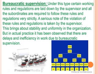 TYPES OF SUPERVISION
Bureaucratic supervision: Under this type certain working
rules and regulations are laid down by the supervisor and all
the subordinates are required to follow these rules and
regulations very strictly. A serious note of the violation of
these rules and regulations is taken by the supervisor.
This brings about stability and uniformity in the organization.
But in actual practice it has been observed that there are
delays and inefficiency in work due to bureaucratic
supervision.
 