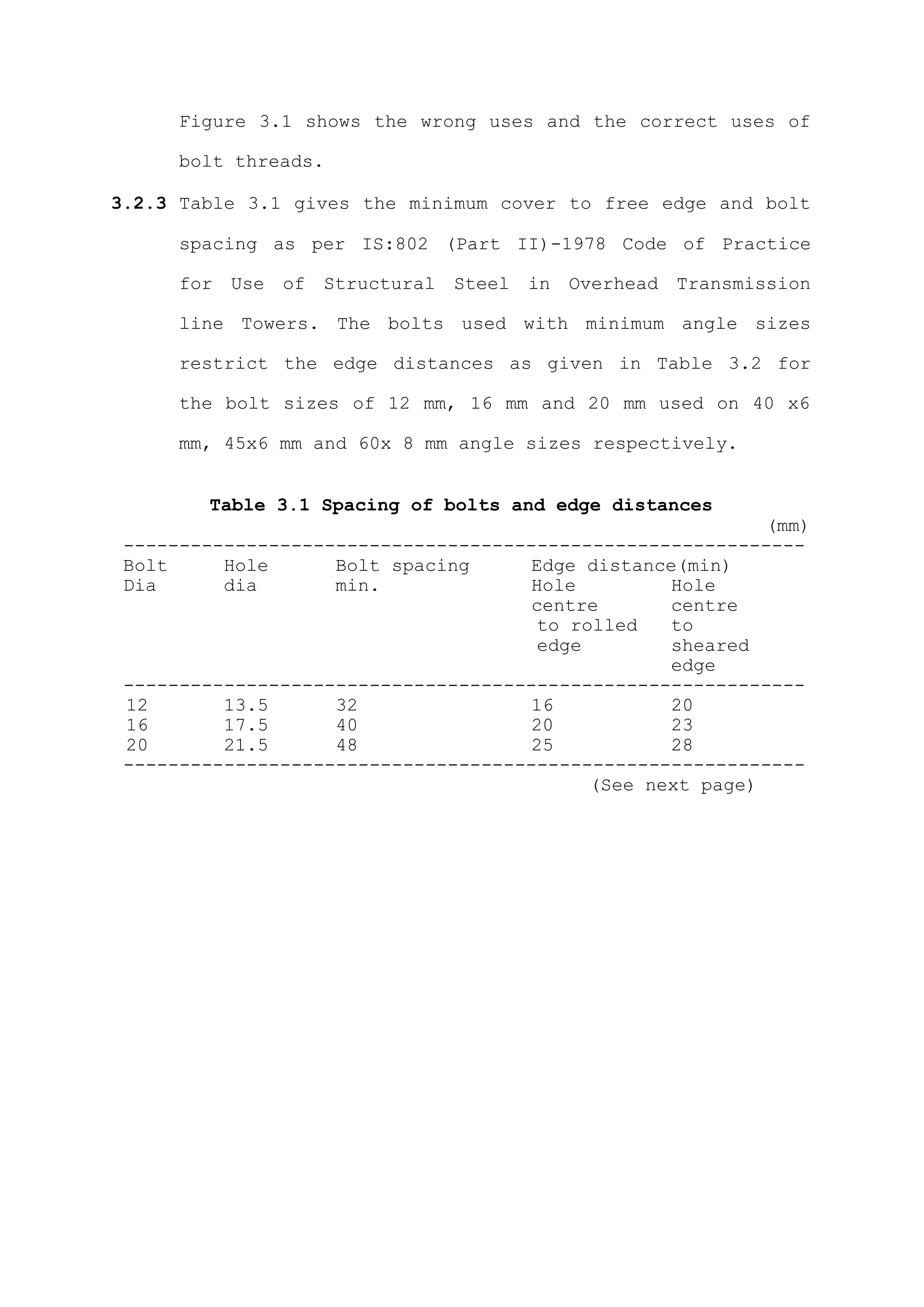 Figure 3.1 shows the wrong uses and the correct uses of

      bolt threads.

3.2.3 Table 3.1 gives the minimum cover to free edge and bolt

      spacing as per IS:802 (Part II)-1978 Code of Practice

      for Use of Structural Steel in Overhead Transmission

      line Towers. The bolts used with minimum angle sizes

      restrict the edge distances as given in Table 3.2 for

      the bolt sizes of 12 mm, 16 mm and 20 mm used on 40 x6

      mm, 45x6 mm and 60x 8 mm angle sizes respectively.


        Table 3.1 Spacing of bolts and edge distances
                                                           (mm)
 -------------------------------------------------------------
 Bolt     Hole      Bolt spacing      Edge distance(min)
 Dia      dia       min.              Hole         Hole
                                      centre       centre
                                      to rolled    to
                                      edge         sheared
                                                   edge
 -------------------------------------------------------------
 12       13.5      32                16           20
 16       17.5      40                20           23
 20       21.5      48                25           28
 -------------------------------------------------------------
                                           (See next page)
 