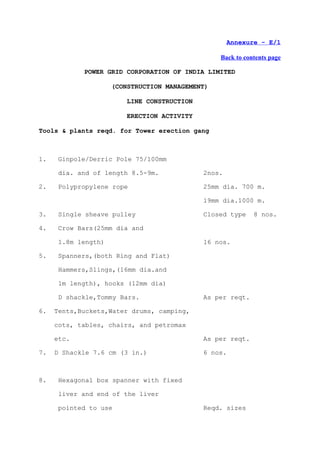 Annexure - E/1

                                                Back to contents page

            POWER GRID CORPORATION OF INDIA LIMITED

                    (CONSTRUCTION MANAGEMENT)

                        LINE CONSTRUCTION

                        ERECTION ACTIVITY

Tools & plants reqd. for Tower erection gang



1.   Ginpole/Derric Pole 75/100mm

     dia. and of length 8.5-9m.             2nos.

2.   Polypropylene rope                     25mm dia. 700 m.

                                            19mm dia.1000 m.

3.   Single sheave pulley                   Closed type    8 nos.

4.   Crow Bars(25mm dia and

     1.8m length)                           16 nos.

5.   Spanners,(both Ring and Flat)

     Hammers,Slings,(16mm dia.and

     1m length), hooks (12mm dia)

     D shackle,Tommy Bars.                  As per reqt.

6.   Tents,Buckets,Water drums, camping,

     cots, tables, chairs, and petromax

     etc.                                   As per reqt.

7.   D Shackle 7.6 cm (3 in.)               6 nos.



8.   Hexagonal box spanner with fixed

     liver and end of the liver

     pointed to use                         Reqd. sizes
 